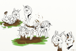 Size: 1500x1000 | Tagged: dead source, safe, artist:php2, princess celestia, princess luna, g4, dirty, mud, playing, underhoof