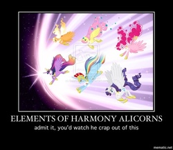 Size: 650x564 | Tagged: safe, artist:sapphiregamgee, applejack, fluttershy, pinkie pie, rainbow dash, rarity, twilight sparkle, alicorn, pony, g4, season 4, alicornified, applecorn, elements of harmony, fluttercorn, gods, mane six, motivational poster, pinkiecorn, race swap, rainbowcorn, raricorn, twilight sparkle (alicorn), watermark, xk-class end-of-the-world scenario