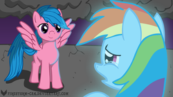 Size: 3797x2133 | Tagged: safe, artist:firestorm-can, firefly, rainbow dash, pegasus, pony, fanfic:it's a dangerous business going out your door, g1, g4, crying, duo, duo female, fanfic art, female, g1 to g4, generation leap, mare, sad, sadbow dash