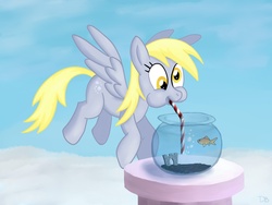 Size: 1600x1200 | Tagged: safe, artist:werdkcub, derpy hooves, fish, pegasus, pony, g4, bowl, female, mare, solo, straw