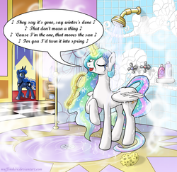 Size: 900x875 | Tagged: safe, artist:muffinshire, edit, princess celestia, princess luna, alicorn, pony, g4, dialogue, eyes closed, female, glowing, glowing horn, hairbrush, horn, magic, magic aura, mare, open mouth, shampoo, shower, shower head, singing, song reference, speech bubble, sponge, spread wings, telekinesis, walking, wet mane, wings