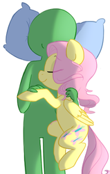 Size: 302x476 | Tagged: safe, artist:elslowmo, artist:php27, fluttershy, oc, oc:anon, human, g4, bed, happy, on back, pillow, sleeping, snuggling