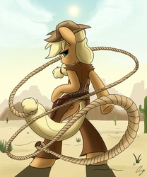 Size: 3000x3600 | Tagged: safe, artist:steffy-beff, applejack, earth pony, anthro, unguligrade anthro, g4, action pose, badass, cactus, clothes, desert, female, gun, holster, prehensile tail, rope, solo, weapon, western