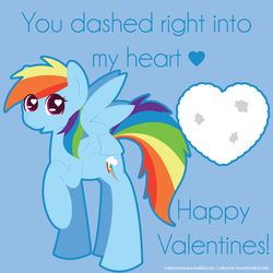 Size: 2000x2000 | Tagged: safe, artist:robynne, rainbow dash, g4, color outline, colored pupils, dilated pupils, full body, happy, heart, heart eyes, holiday, light blue background, looking at you, raised hoof, side view, simple background, smiling, spread wings, valentine, valentine's day, valentine's day card, wingding eyes, wings