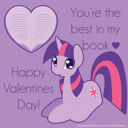 Size: 2000x2000 | Tagged: safe, artist:robynne, twilight sparkle, g4, book, color outline, happy, heart, heart eyes, holiday, lavender background, looking at you, lying down, outline, prone, simple background, smiling, text, valentine, valentine's day, valentine's day card, wingding eyes