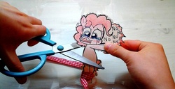 Size: 947x484 | Tagged: safe, artist:danadyu, pinkie pie, g4, crying, hand, paper child, scissors