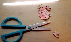 Size: 826x491 | Tagged: safe, artist:danadyu, pinkie pie, earth pony, pony, g4, dead, irl, paper child, papercraft, photo, scissors, solo, tongue out, x eyes