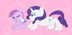 Size: 1214x600 | Tagged: safe, artist:carnifex, rarity, oc, oc:lavender, dracony, hybrid, g4, cleaning, interspecies offspring, mother and daughter, offspring, parent:rarity, parent:spike, parents:sparity, rag