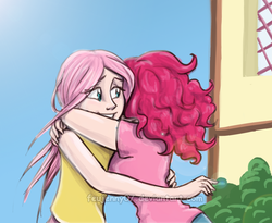 Size: 917x752 | Tagged: safe, artist:feujenny07, fluttershy, pinkie pie, human, g4, duo, hug, humanized