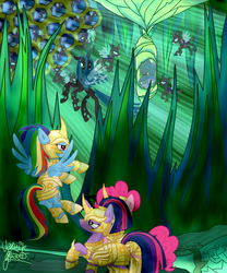 Size: 5000x6000 | Tagged: safe, artist:vegemiteguzzler, pinkie pie, princess luna, queen chrysalis, rainbow dash, twilight sparkle, changeling, g4, absurd resolution, armor, cocoon