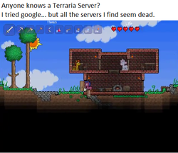 Size: 503x435 | Tagged: safe, cloud, game screencap, meta, platformer, terraria, text, tree