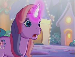 Size: 640x480 | Tagged: safe, screencap, lily lightly, a very pony place, come back lily lightly, g3, glowing, glowing horn, horn, nervous, spotlight