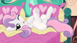 Size: 6000x3375 | Tagged: dead source, safe, artist:illuminatiums, sweetie belle, pony, g4, absurd resolution, bed, bedroom eyes, cute, diasweetes, featureless crotch, female, fluffy, on back, solo, sultry pose, tongue out, wallpaper, wink