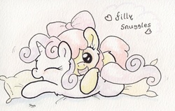 Size: 914x580 | Tagged: safe, artist:slightlyshade, apple bloom, sweetie belle, g4, female, lesbian, ship:sweetiebloom, shipping, snuggling, traditional art