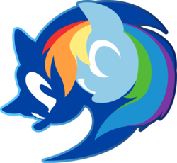 Size: 850x781 | Tagged: safe, artist:fuzon-s, rainbow dash, hedgehog, pony, g4, crossover, duo, logo, male, minimalist, modern art, simple background, sonic the hedgehog, sonic the hedgehog (series), sonic x, style emulation, transparent background