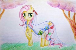 Size: 800x524 | Tagged: safe, artist:0okami-0ni, fluttershy, g4, clothes, cute, dress, flower, wedding dress