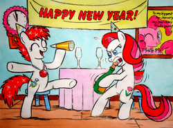 Size: 771x569 | Tagged: safe, artist:hirake! pony key, january carnation (g3), january joy, pinkie pie, g3, g4, alcohol, autograph, birthday, birthday ponies, birthflower ponies, champagne, g3 to g4, gem, generation leap, happy new year, hat, jewel birthday ponies, monthly mares, new year, party, party hat, party horn, wine