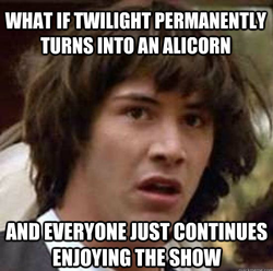 Size: 550x546 | Tagged: safe, alicorn drama, conspiracy keanu, exploitable meme, image macro, meme, meta, season 3 speculation