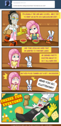 Size: 800x1640 | Tagged: safe, artist:php13, angel bunny, discord, fluttershy, g4, applejack daniel's, ask, cheese, humanized, livingwithdiscord, oblivion, rocko's modern life, sheogorath, the best character on the show, the cheese, the elder scrolls, wacky delly