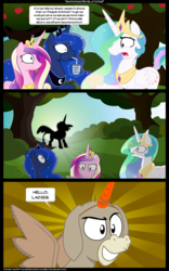 Size: 1500x2400 | Tagged: safe, artist:bednarowski, artist:epulson, cranky doodle donkey, princess cadance, princess celestia, princess luna, alicorn, donkey, pony, g4, comic, derail in the comments, fake horn, fake wings, perry bible fellowship, seems legit