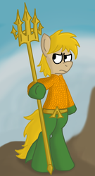 Size: 788x1456 | Tagged: safe, artist:sketchymouse, adventurer, aquaman, dc comics, gold mane, ponified, serious, superhero, trident