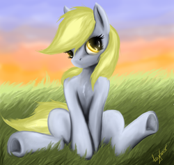 Size: 1053x1000 | Tagged: safe, artist:leyanor, derpy hooves, pegasus, pony, g4, chest fluff, female, mare, solo, underhoof, underp