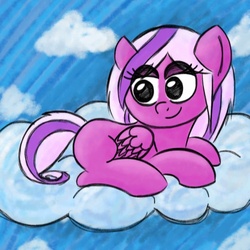 Size: 1000x1000 | Tagged: safe, artist:limondash, oc, oc only, oc:kiki, pegasus, pony, blank flank, cloud, cloudy, day, eyeshadow, kiki, lying down, lying on a cloud, makeup, on a cloud, pegasus oc, sky, wings