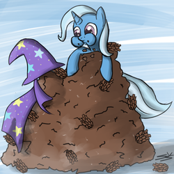 Size: 900x900 | Tagged: safe, artist:speccysy, trixie, pony, unicorn, g4, aweeg*, eating, female, herbivore, leaning, mare, pile, pinecone, puffy cheeks, smiling, solo, trixie eating pinecones