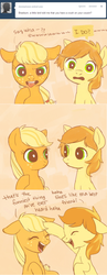 Size: 500x1285 | Tagged: safe, artist:nyonhyon, applejack, braeburn, g4, colt, comic, cute, filly, tumblr