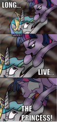 Size: 500x1068 | Tagged: safe, princess celestia, twilight sparkle, alicorn, pony, g4, comic, imminent death, imminent murder, imminent regicide, long live the king, teary eyes, the lion king, tyrant sparkle