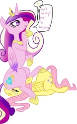 Size: 414x669 | Tagged: safe, artist:purplekecleon, fluttershy, princess cadance, g4, blushing, eyes closed, flutterbuse, flutterseat, frown, gritted teeth, prone, purplekecleon, sitting, speech bubble, sweat, thinking