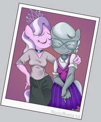 Size: 713x862 | Tagged: safe, artist:susiebeeca, diamond tiara, silver spoon, anthro, g4, female, glasses, happy, kissing, lesbian, ship:silvertiara, shipping