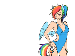 Size: 1200x900 | Tagged: safe, artist:pinkenvy, rainbow dash, human, g4, blue swimsuit, clothes, cutie mark on human, eared humanization, female, hand on hip, humanized, one-piece swimsuit, open-back swimsuit, simple background, solo, swimsuit, tailed humanization, white background, winged humanization, wings