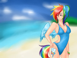 Size: 1200x900 | Tagged: safe, artist:pinkenvy, rainbow dash, human, g4, beach, blue swimsuit, clothes, cutie mark on human, eared humanization, female, hand on hip, humanized, one-piece swimsuit, open-back swimsuit, solo, swimsuit, tailed humanization, winged humanization, wings