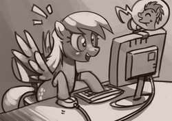 Size: 702x496 | Tagged: safe, artist:bittenhard, derpy hooves, doctor whooves, time turner, pegasus, pony, g4, blushing, computer, female, mare, monochrome, open mouth, smiling, spread wings