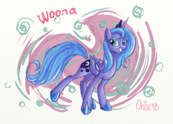 Size: 922x664 | Tagged: dead source, safe, artist:lisaorise, princess luna, pony, g4, female, s1 luna, solo, traditional art, woona