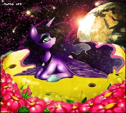 Size: 2011x1800 | Tagged: safe, artist:g-malcott, princess luna, pony, g4, earth, female, flower, garden, moon, solo, space, wallpaper