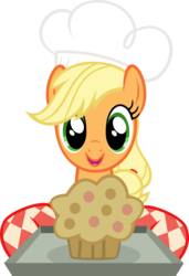 Size: 900x1317 | Tagged: safe, artist:abydos91, applejack, earth pony, pony, g4, baking, chef's hat, cute, female, food, hat, muffin, simple background, solo, transparent background, vector