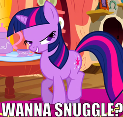 Size: 405x384 | Tagged: safe, twilight sparkle, g4, spike at your service, bedroom eyes, bronybait, image macro, imma snuggle you, snuggling