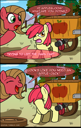 Size: 600x949 | Tagged: safe, artist:ladyanidraws, apple bloom, oc, oc:pun, earth pony, pony, ask pun, g4, cart, comic, facehoof, pun