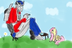 Size: 455x305 | Tagged: safe, fluttershy, g4, crossover, optimus prime, tea party, transformers