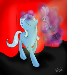 Size: 738x830 | Tagged: safe, artist:winterxbreeze, angel bunny, trixie, g4, bunny out of the hat, hat, magic trick, stage, top hat