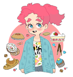 Size: 500x525 | Tagged: safe, artist:tokimekiwaku, pinkie pie, human, ask cupcakes pinkie, g4, ask, cake, donut, female, food, humanized, pie, solo