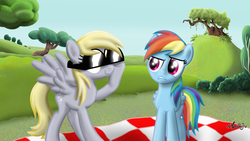 Size: 2880x1620 | Tagged: safe, artist:apollobroda, derpy hooves, rainbow dash, pegasus, pony, g4, female, mare, sunglasses