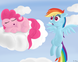 Size: 1024x819 | Tagged: safe, artist:ahrimatt, pinkie pie, rainbow dash, g4, sleeping