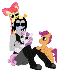 Size: 767x972 | Tagged: safe, artist:voltrathelively, apple bloom, scootaloo, sweetie belle, earth pony, pegasus, pony, unicorn, g4, bags under eyes, crossover, cutie mark crusaders, equius zahhak, female, filly, foal, group, homestuck, male, quartet, sitting, sunglasses, sweat, troll (homestuck)