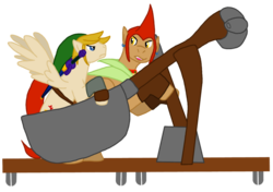 Size: 900x632 | Tagged: safe, artist:farore769, pegasus, pony, catapult, duo, groose, link, male, ponified, simple background, spread wings, stallion, the legend of zelda, the legend of zelda: skyward sword, transparent background, wings