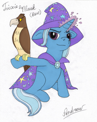 Size: 2507x3142 | Tagged: safe, artist:greengimmick, trixie, hawk, pony, unicorn, g4, cape, clothes, female, hat, mare, simple background, smiling, trixie's cape, trixie's hat, white background