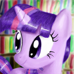 Size: 800x800 | Tagged: safe, artist:predelnik, twilight sparkle, pony, unicorn, g4, book, bookshelf, female, mare, smiling, solo