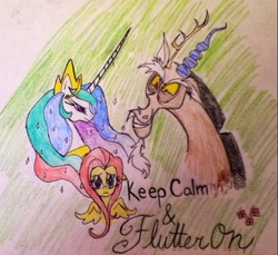 Size: 640x587 | Tagged: safe, artist:mafia-boss, discord, fluttershy, princess celestia, alicorn, draconequus, pegasus, pony, g4, keep calm and flutter on, my little pony: friendship is magic, traditional art